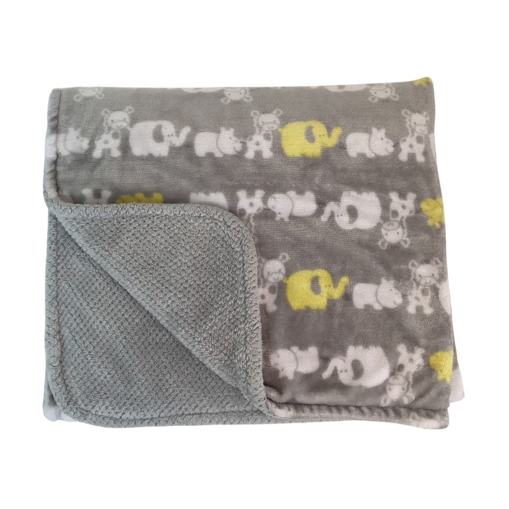 Okie Dokie Safari Animal Baby Blanket Gray Yellow Elephant Hippo Giraffe Fleece